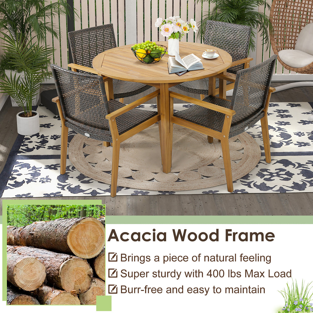 Outdoor Rattan Chair Set of 4 Patio PE Wicker Dining Chairs w/ Sturdy Acacia Wood Frame Image 5