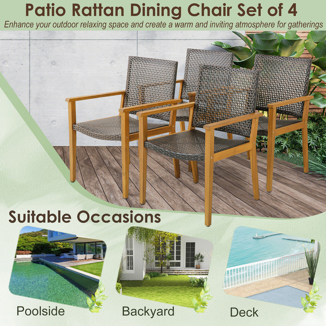 Outdoor Rattan Chair Set of 4 Patio PE Wicker Dining Chairs w/ Sturdy Acacia Wood Frame Image 6