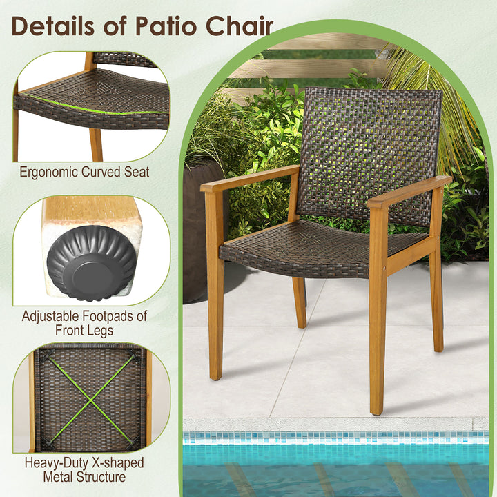 Outdoor Rattan Chair Set of 4 Patio PE Wicker Dining Chairs w/ Sturdy Acacia Wood Frame Image 7