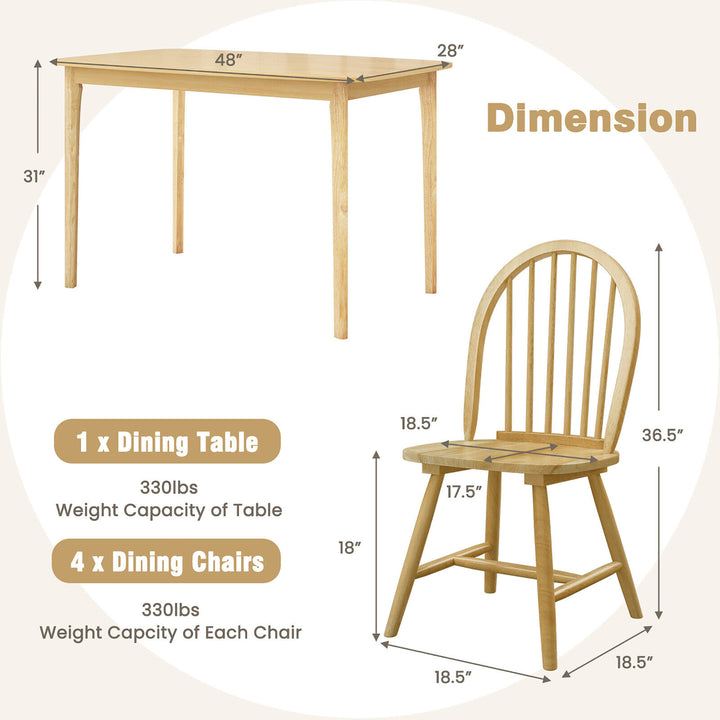 5 PCS Wooden Dining Table Set 48 Rectangular Kitchen Table and 4 Windsor Chairs Image 3