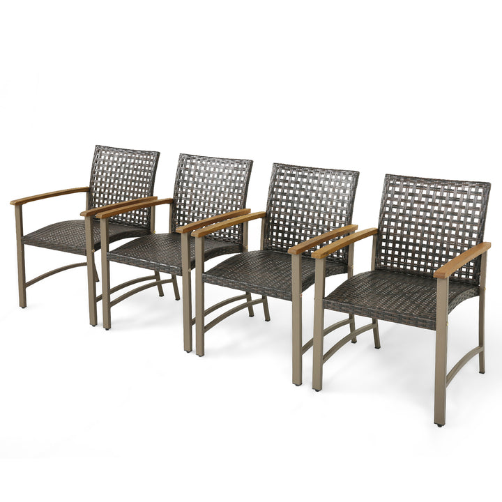 Outdoor Rattan Chair Set of 4 Patio PE Wicker Dining Chairs w/ Acacia Wood Armrests Balcony Poolside Image 1