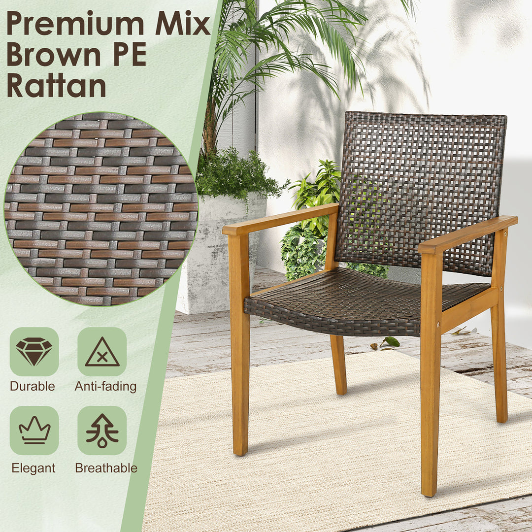 Outdoor Rattan Chair Set of 4 Patio PE Wicker Dining Chairs w/ Sturdy Acacia Wood Frame Image 8