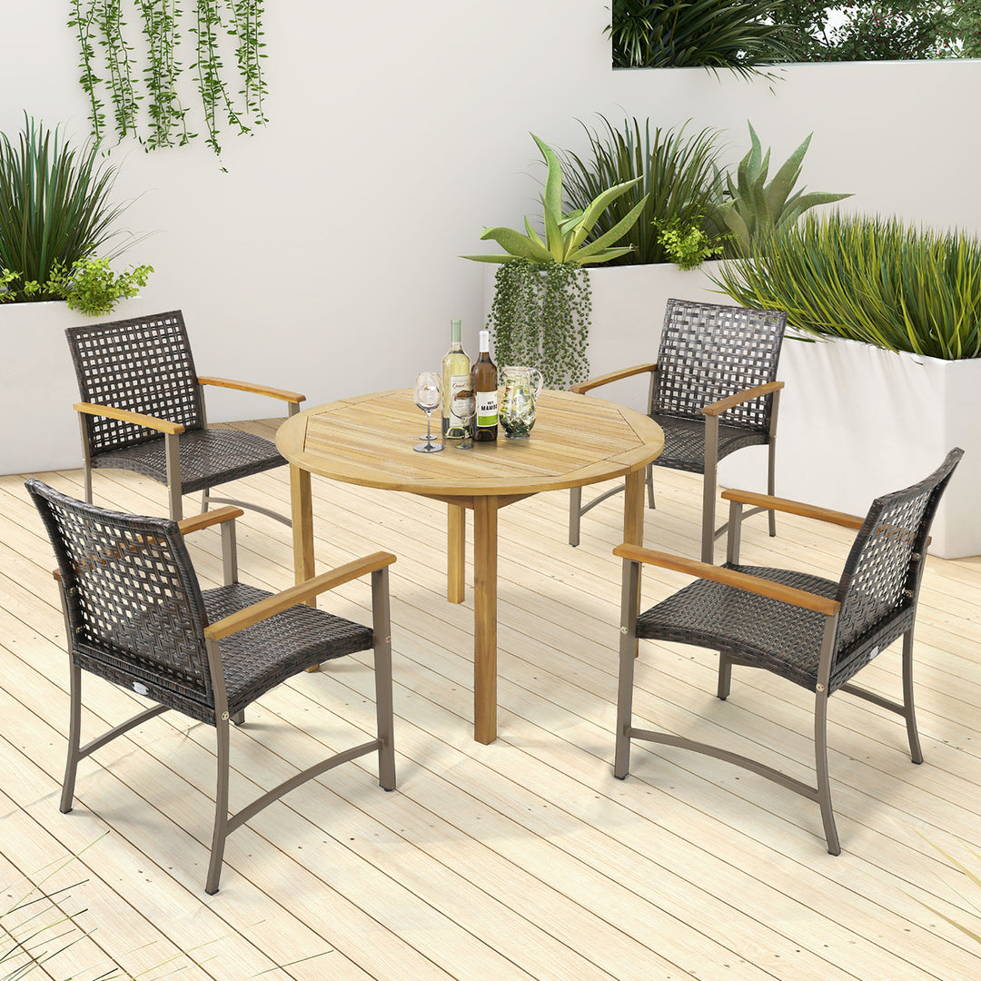 Outdoor Rattan Chair Set of 4 Patio PE Wicker Dining Chairs w/ Acacia Wood Armrests Balcony Poolside Image 2