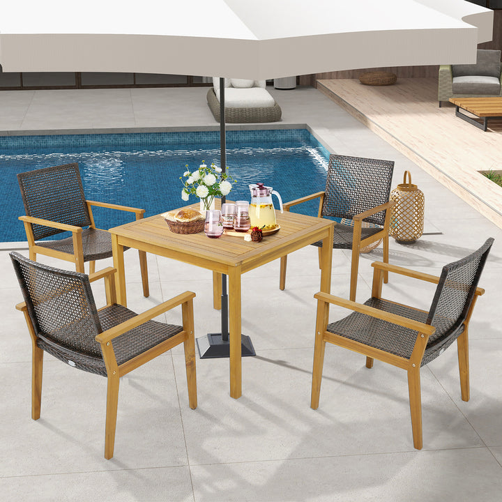 Outdoor Rattan Chair Set of 4 Patio PE Wicker Dining Chairs w/ Sturdy Acacia Wood Frame Image 9