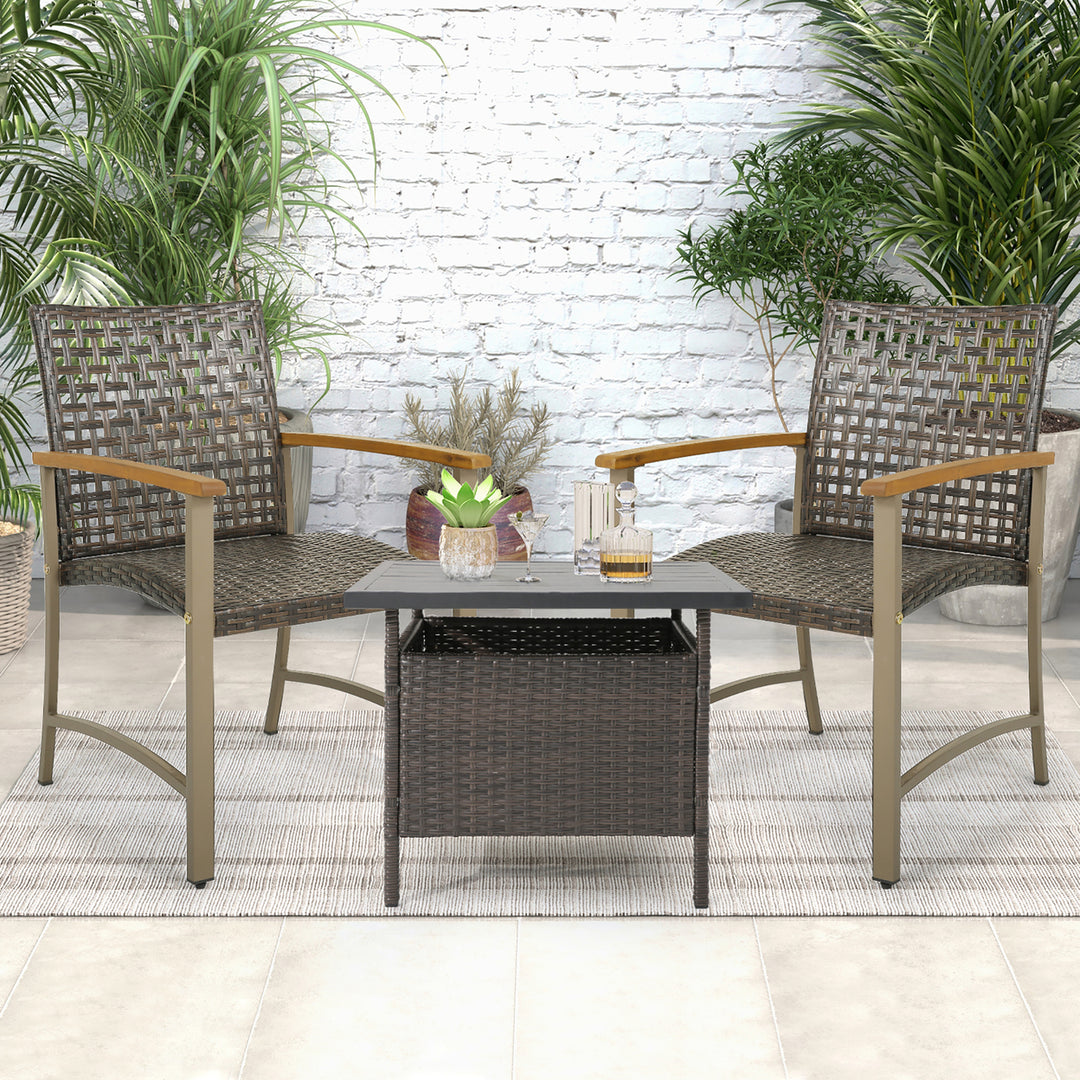 Outdoor Rattan Chair Set of 4 Patio PE Wicker Dining Chairs w/ Acacia Wood Armrests Balcony Poolside Image 5