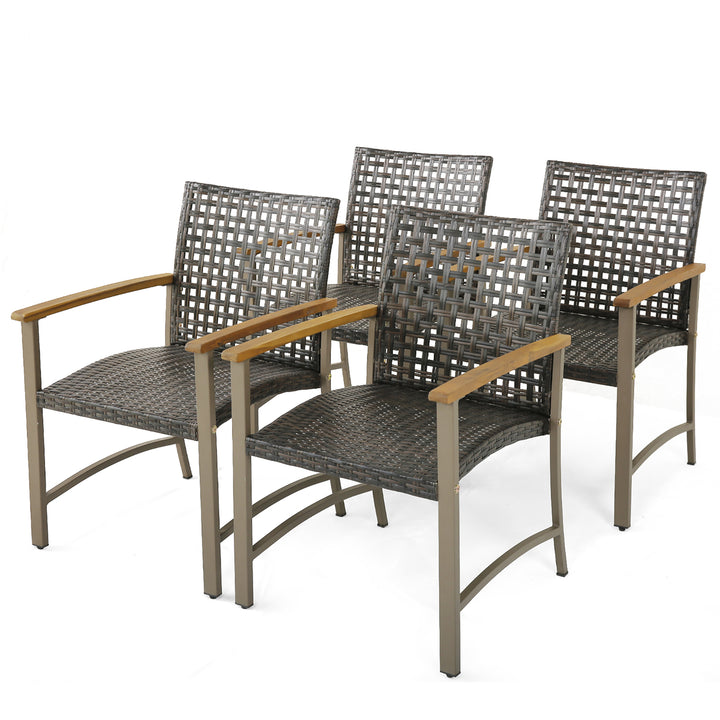 Outdoor Rattan Chair Set of 4 Patio PE Wicker Dining Chairs w/ Acacia Wood Armrests Balcony Poolside Image 10