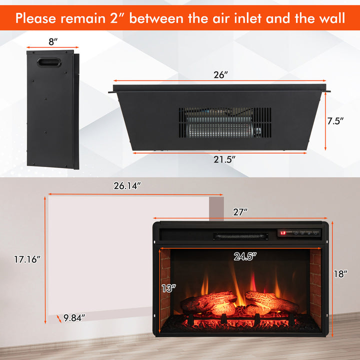 1400W 26 Inch Electric Fireplace Insert 4777 BTU Recessed Freestanding Fireplace w/ Remote Image 3