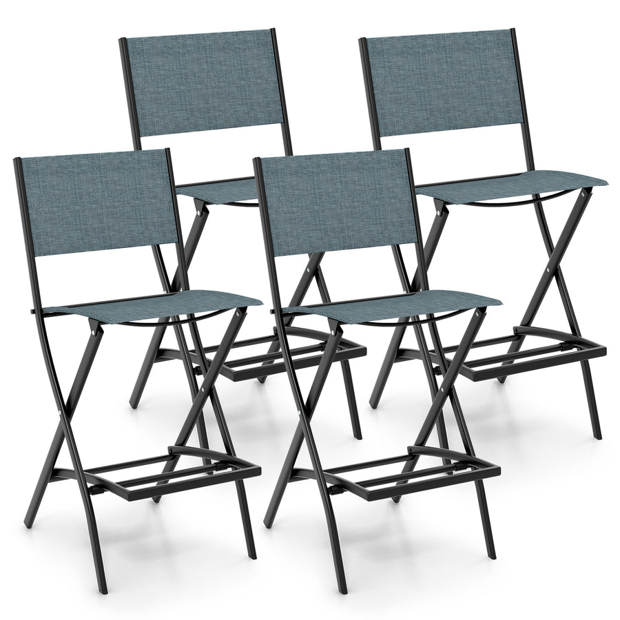 Folding Bar Stools Set of 4 Patio Sling Chairs w/ Backrest Humanized Footrest Blue Image 1