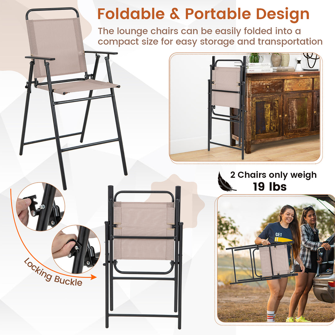 Outdoor Folding Bar Chair Set of 2 Patio Dining Chairs w/ Breathable Fabric Image 4