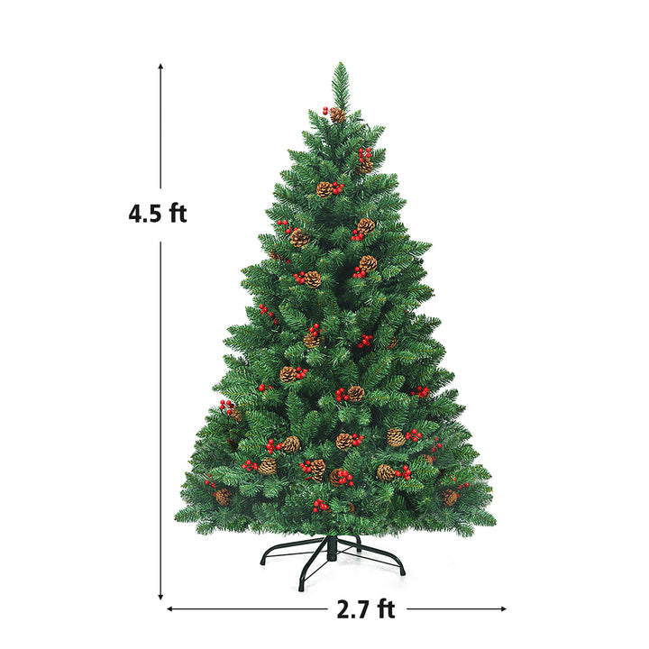 4.5Ft Pre-Lit Artificial Christmas Tree with Sturdy Metal Stand Pine Cones and Red Berries Image 5