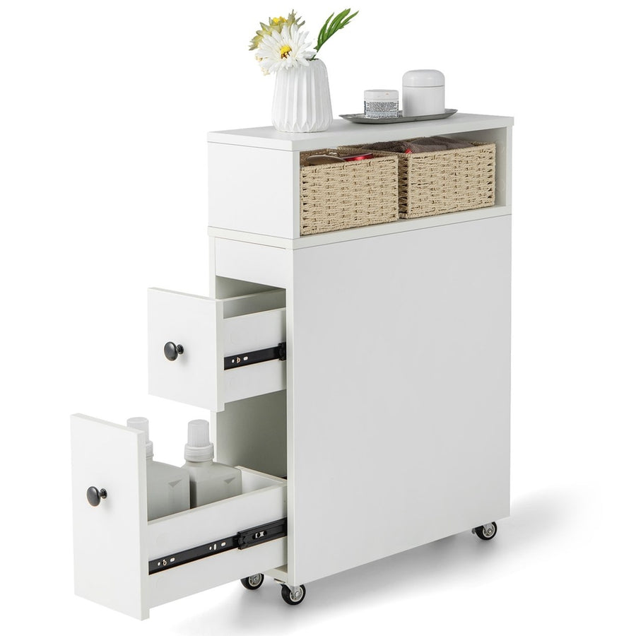 Wood Floor Bathroom Storage Organizer Rolling Cabinet Holder Bath Toilet w/Drawers White Image 1