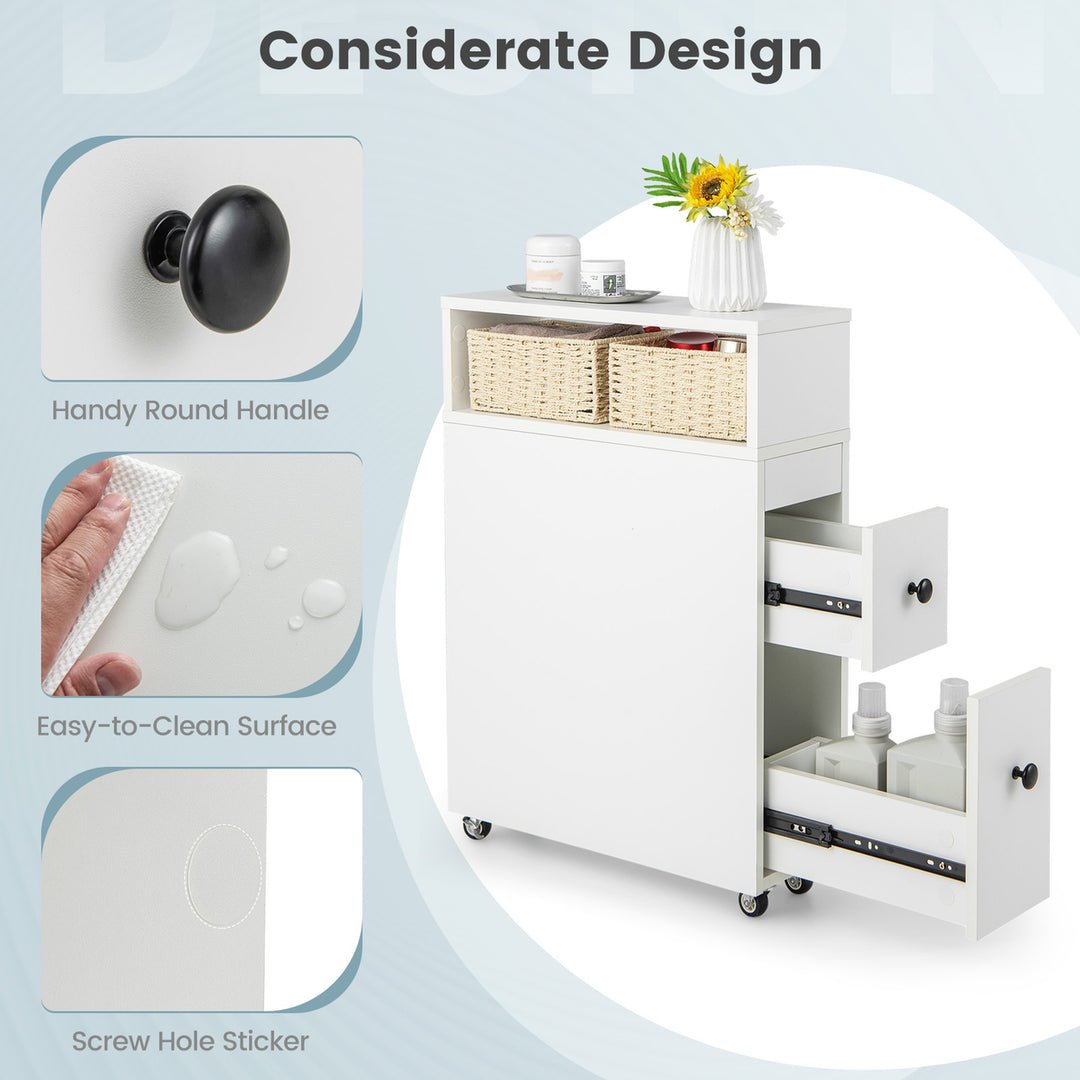 Movable Bathroom Storage Cabinet Narrow Toilet Side Paper Holder w/ 2 Drawers White Image 6