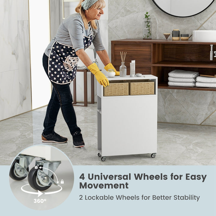 Wood Floor Bathroom Storage Organizer Rolling Cabinet Holder Bath Toilet w/Drawers White Image 9