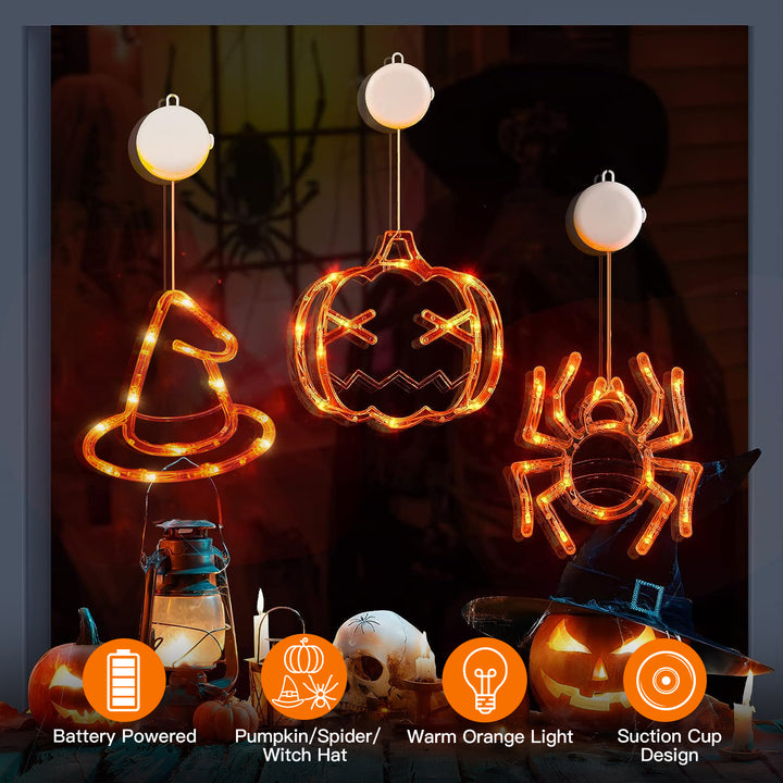 3 Pack Halloween Window Lights Spider Witch Hat Pumpkin Orange Light Decoration Image 1