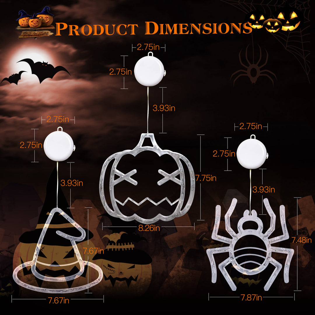 3 Pack Halloween Window Lights Spider Witch Hat Pumpkin Orange Light Decoration Image 5