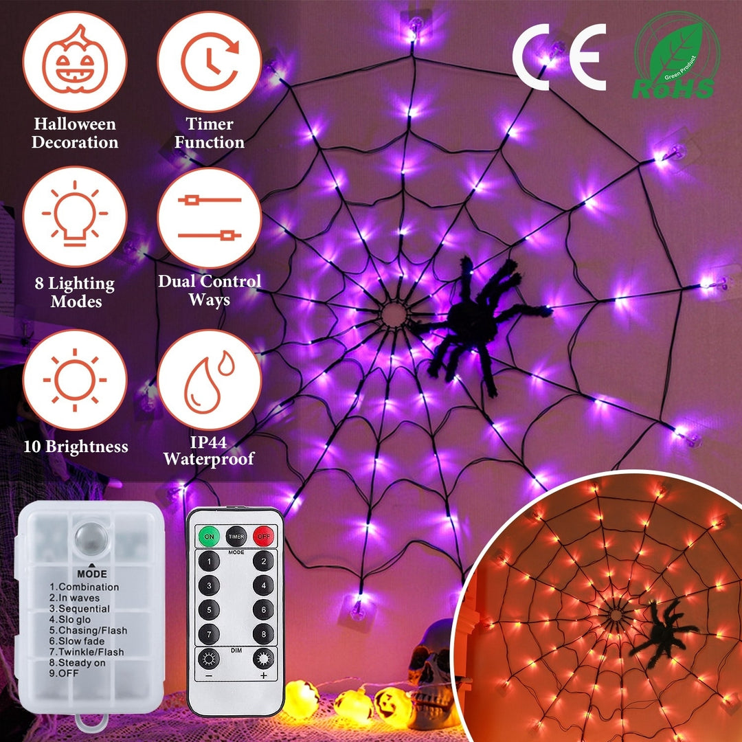 3.28FT Spider Web Light with Hairy Spider 70LED Battery Powered Remote Control Image 1