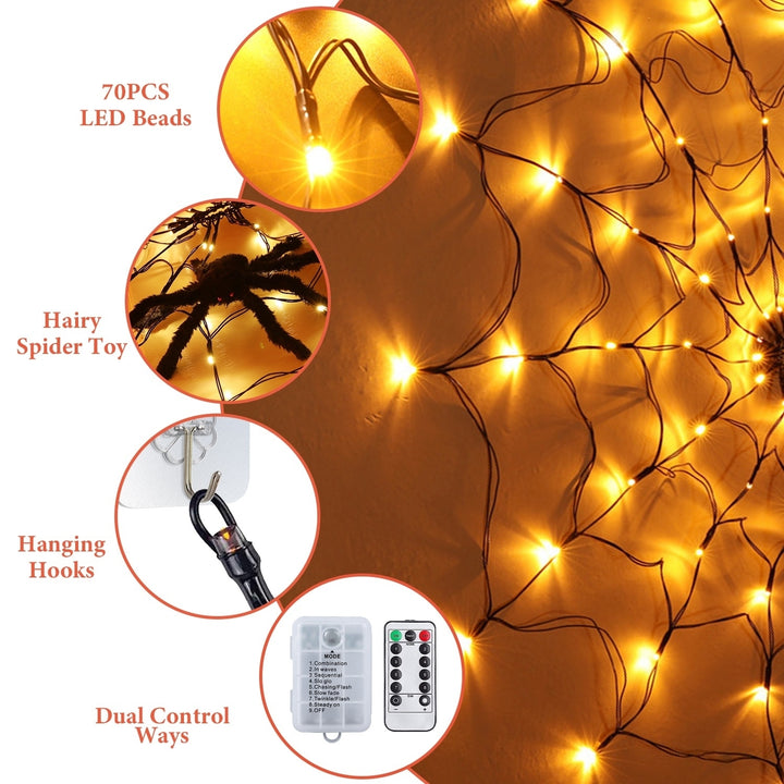 3.28FT Spider Web Light with Hairy Spider 70LED Battery Powered Remote Control Image 2