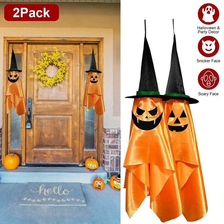 2 Pack Pumpkin Wizard Hat Hanging Ghosts Halloween Decorations Orange 56in Image 1