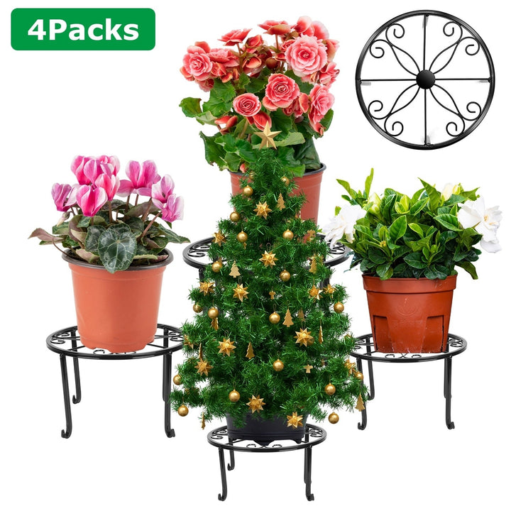 4 Pack Iron Plant Stands Heavy Duty Round Flower Pot Holder Black Decor Image 1