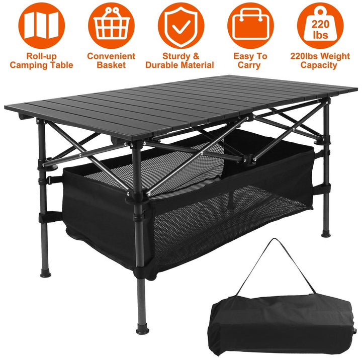 Folding Camping Table Portable Aluminum Roll-up Black Lightweight 4 Person Image 1