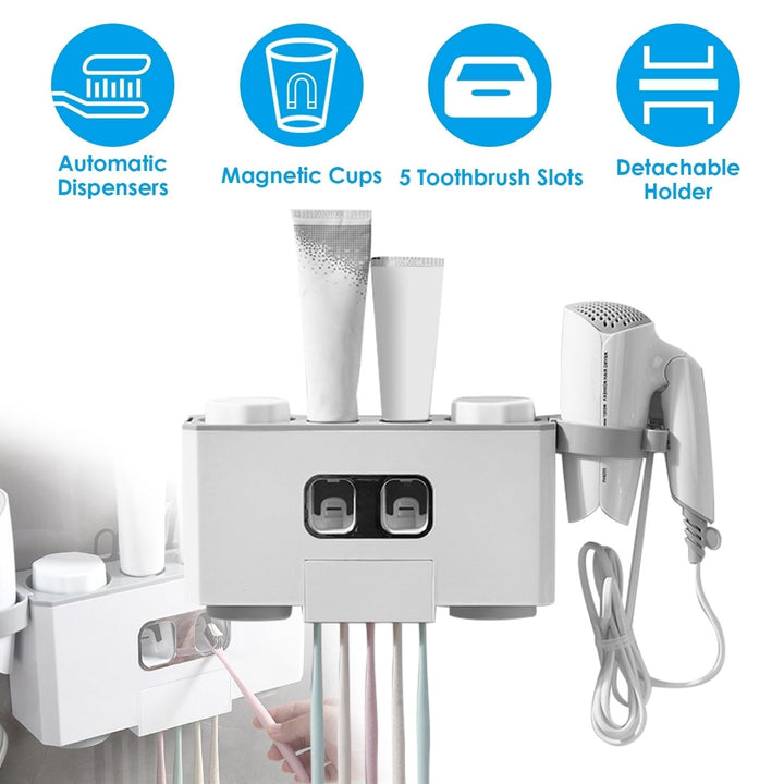 Automatic Toothpaste Dispenser Multifunctional Toothbrush Holder Rack White 5 Slots Image 1