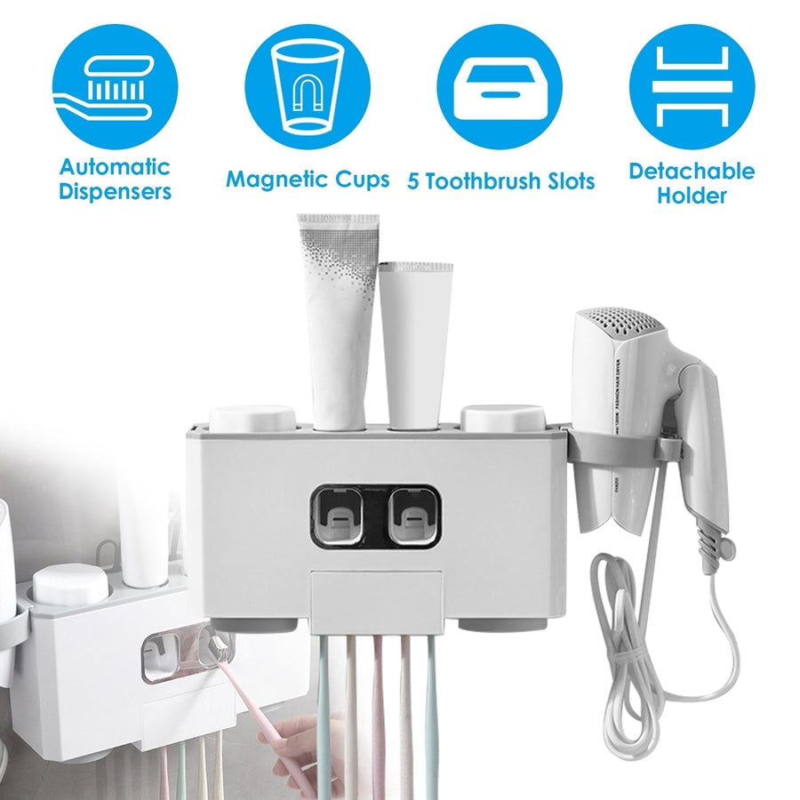 Automatic Toothpaste Dispenser Multifunctional Toothbrush Holder Rack White 5 Slots Image 1