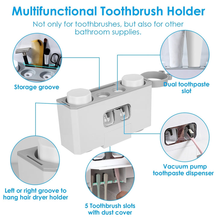 Automatic Toothpaste Dispenser Multifunctional Toothbrush Holder Rack White 5 Slots Image 2