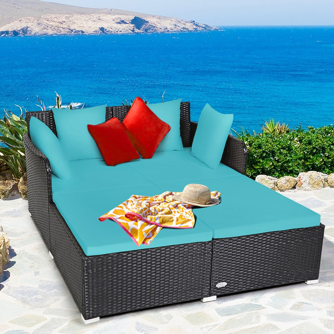 Costway Outdoor Patio Rattan Daybed Pillows Cushioned Sofa Furniture Biege\Turquoise\Red Image 1