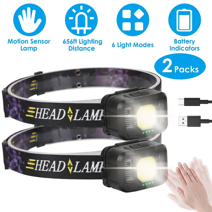 2 Pack Rechargeable Motion Sensor Headlamp USB Black 6 Light Modes Adjustable Image 1