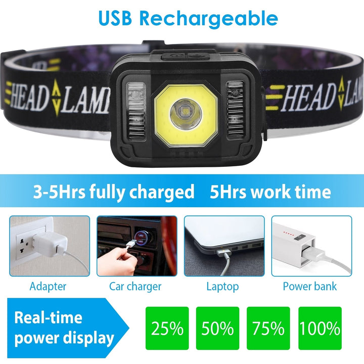 2 Pack Rechargeable Motion Sensor Headlamp USB Black 6 Light Modes Adjustable Image 5