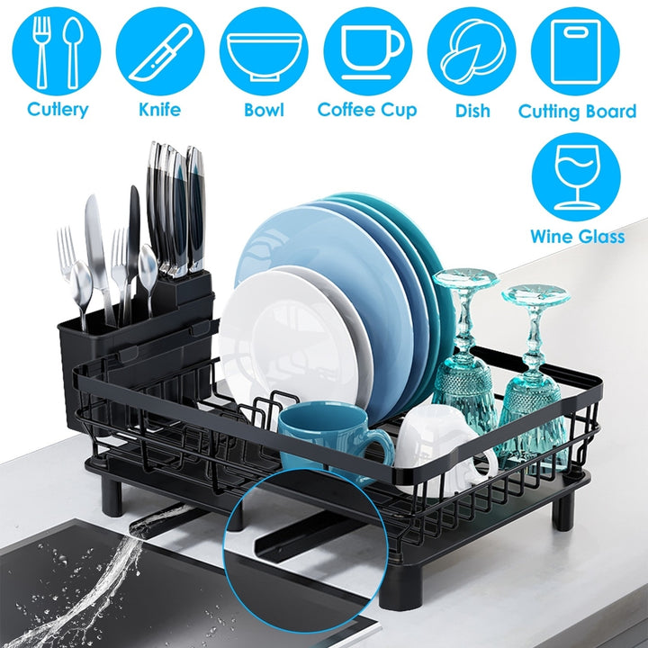 Dish Drying Rack Black Carbon Steel with Drainboard Utensil Holder and Hooks Image 1