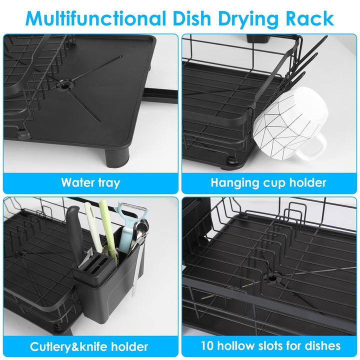 Dish Drying Rack Black Carbon Steel with Drainboard Utensil Holder and Hooks Image 4