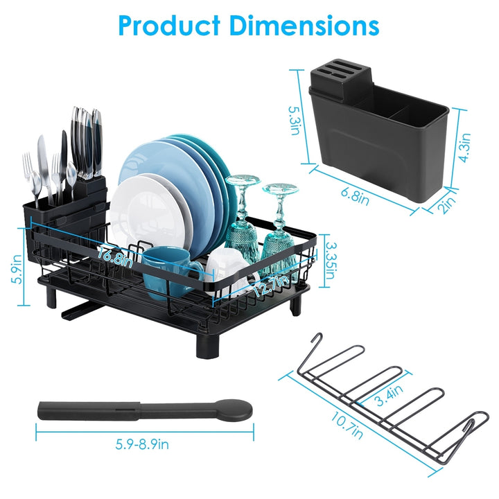 Dish Drying Rack Black Carbon Steel with Drainboard Utensil Holder and Hooks Image 7