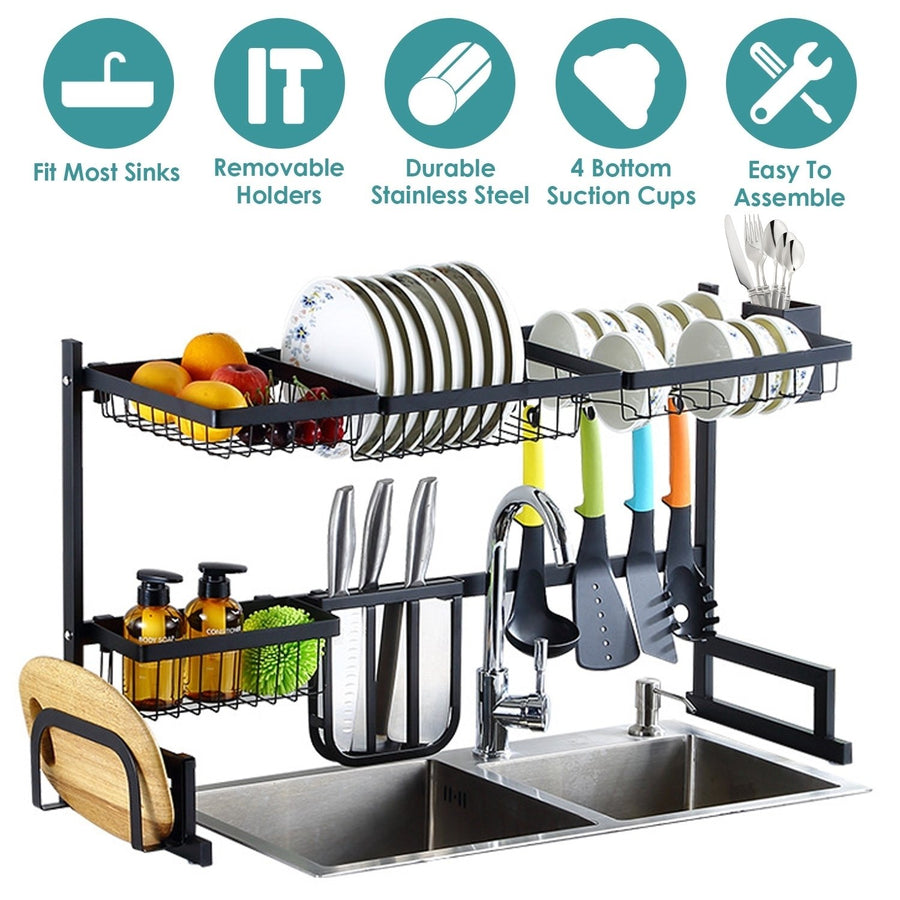 Stainless Steel 2-Tier Over Sink Dish Drying Rack Organizer Large Capacity Black Image 1