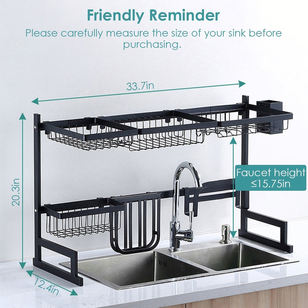 Stainless Steel 2-Tier Over Sink Dish Drying Rack Organizer Large Capacity Black Image 5