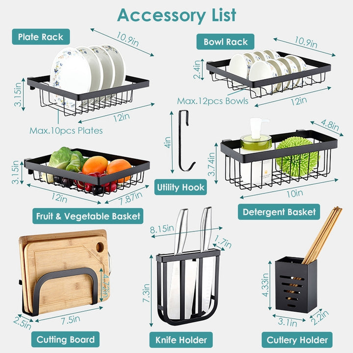 Stainless Steel 2-Tier Over Sink Dish Drying Rack Organizer Large Capacity Black Image 8