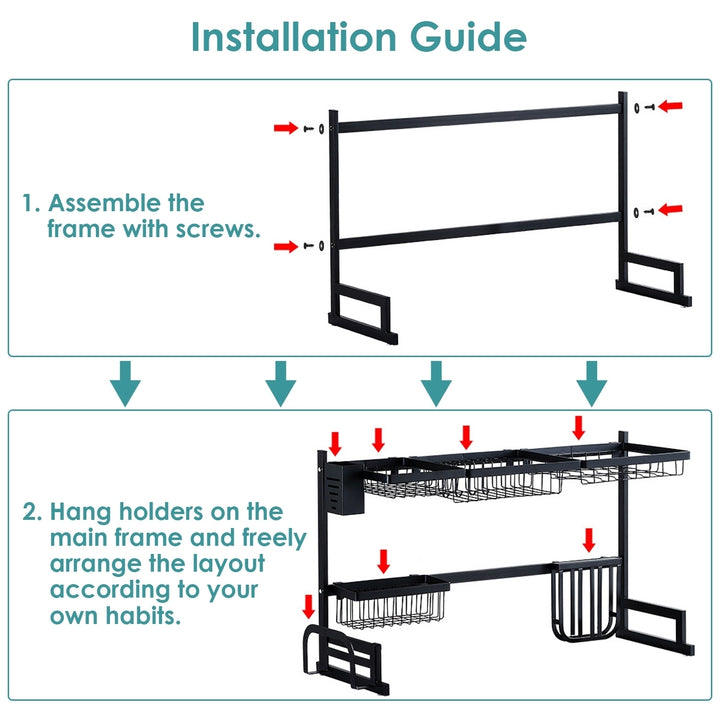 Stainless Steel 2-Tier Over Sink Dish Drying Rack Organizer Large Capacity Black Image 9