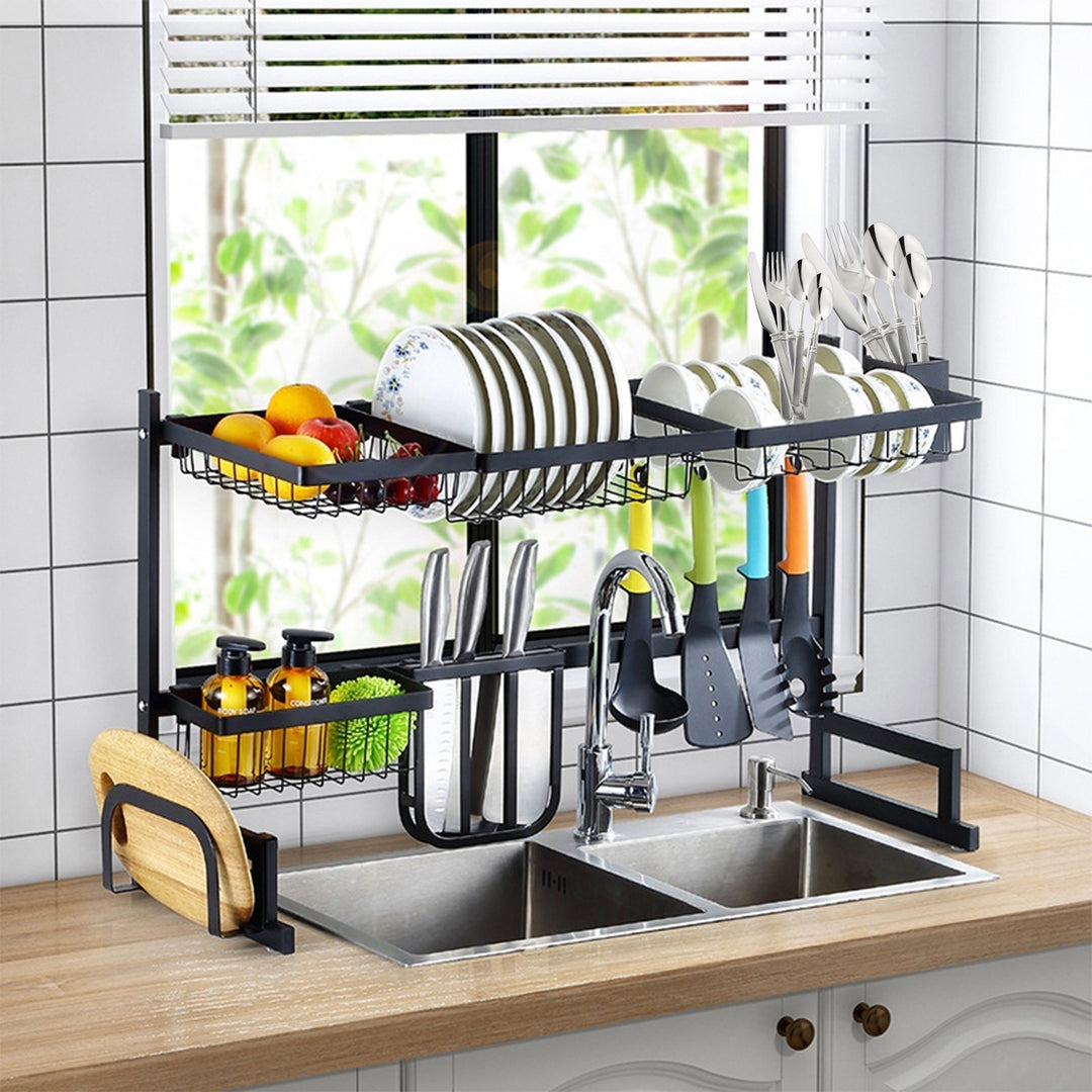 Stainless Steel 2-Tier Over Sink Dish Drying Rack Organizer Large Capacity Black Image 10