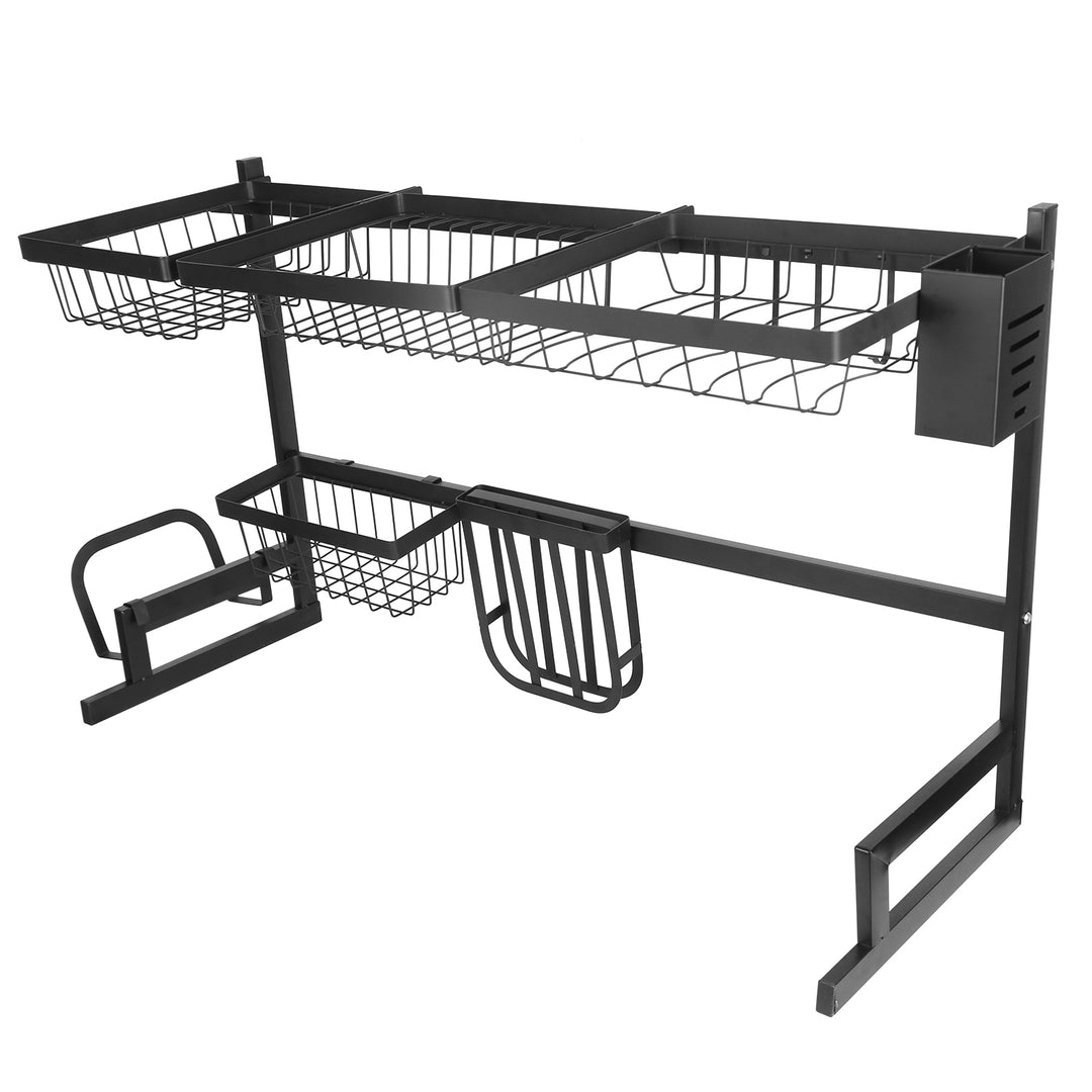 Stainless Steel 2-Tier Over Sink Dish Drying Rack Organizer Large Capacity Black Image 11