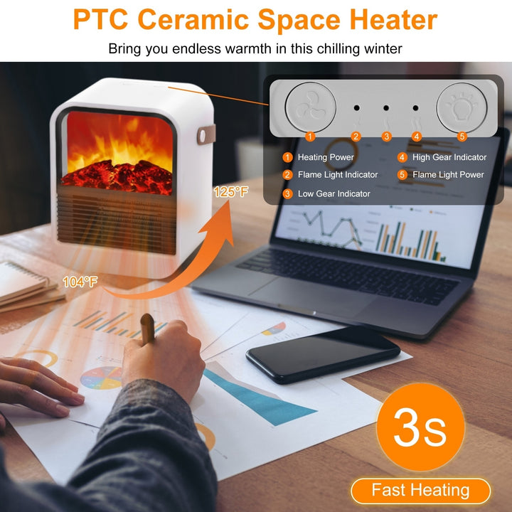 1500W Portable Electric Fireplace Heater 2 Gear Temperature PTC Ceramic Space Heater with Realistic Burning Flame Image 2