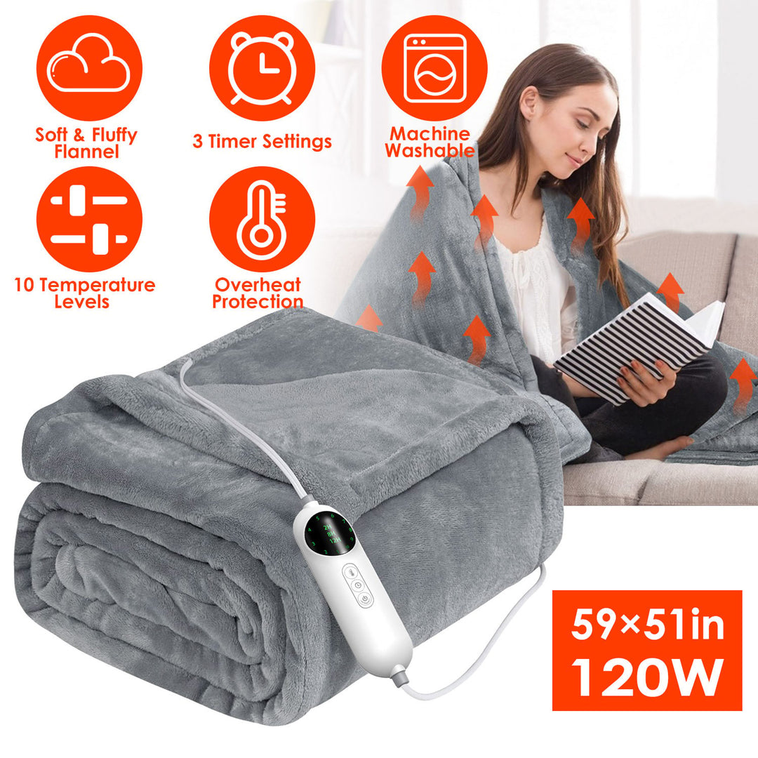 Electric Heated Throw Blanket Grey Flannel 59x51in 10 Heat Settings Washable Image 1