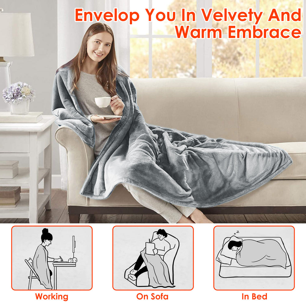 Electric Heated Throw Blanket Grey Flannel 59x51in 10 Heat Settings Washable Image 2