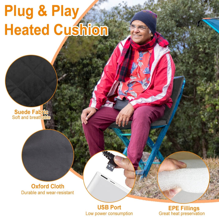 Portable Heated Seat Cushion USB 3 Temperature Levels Foldable Outdoor Grey Black Image 6