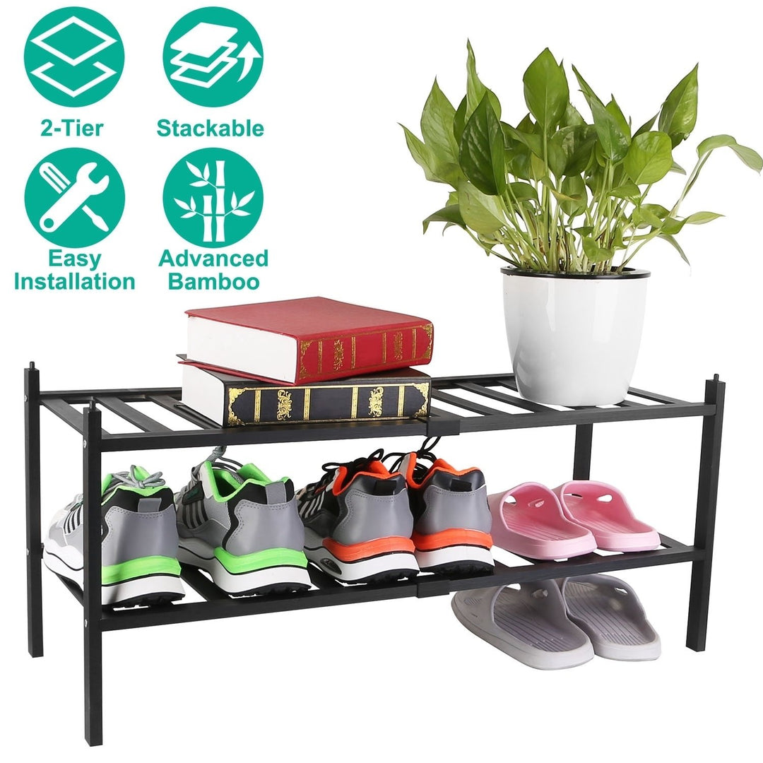 Bamboo Shoe Rack 2-Tier Stackable Organizer Black Small Space Storage 27.6in Image 1