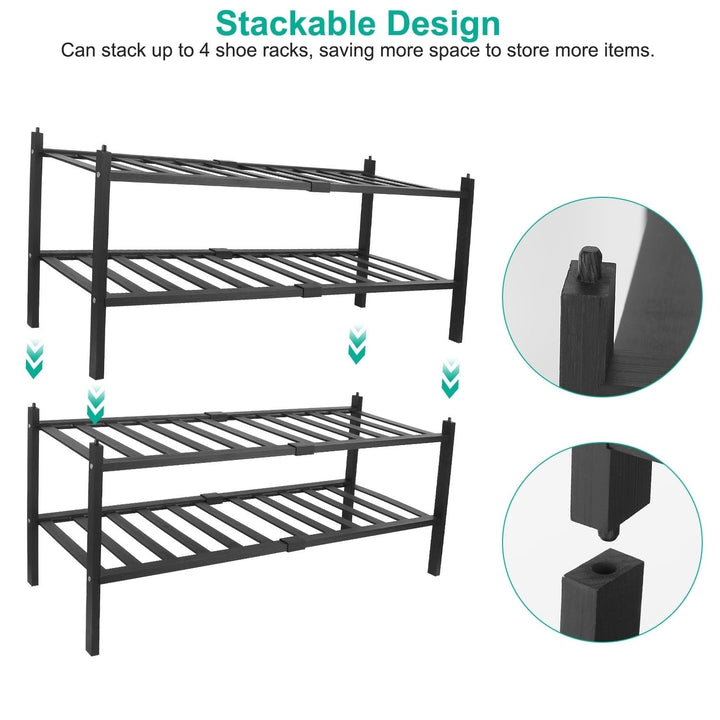 Bamboo Shoe Rack 2-Tier Stackable Organizer Black Small Space Storage 27.6in Image 6