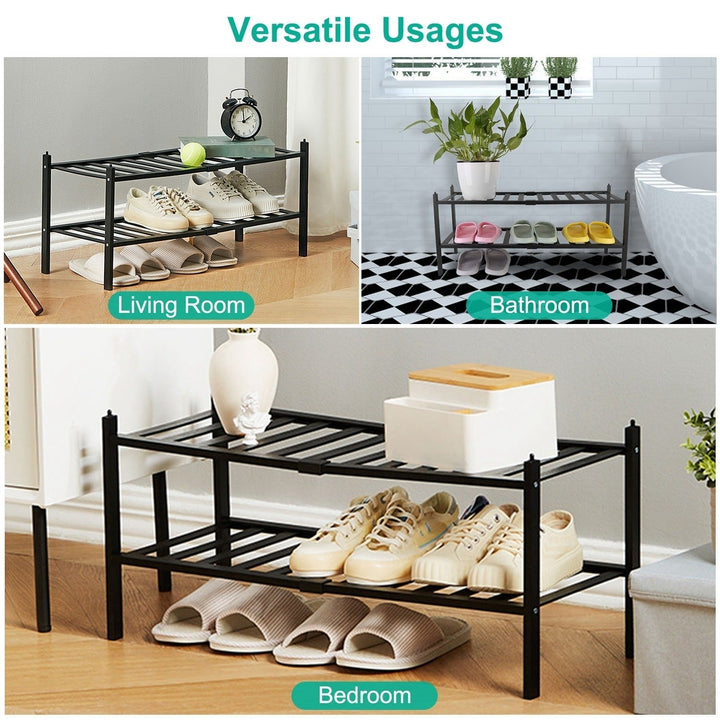 Bamboo Shoe Rack 2-Tier Stackable Organizer Black Small Space Storage 27.6in Image 7