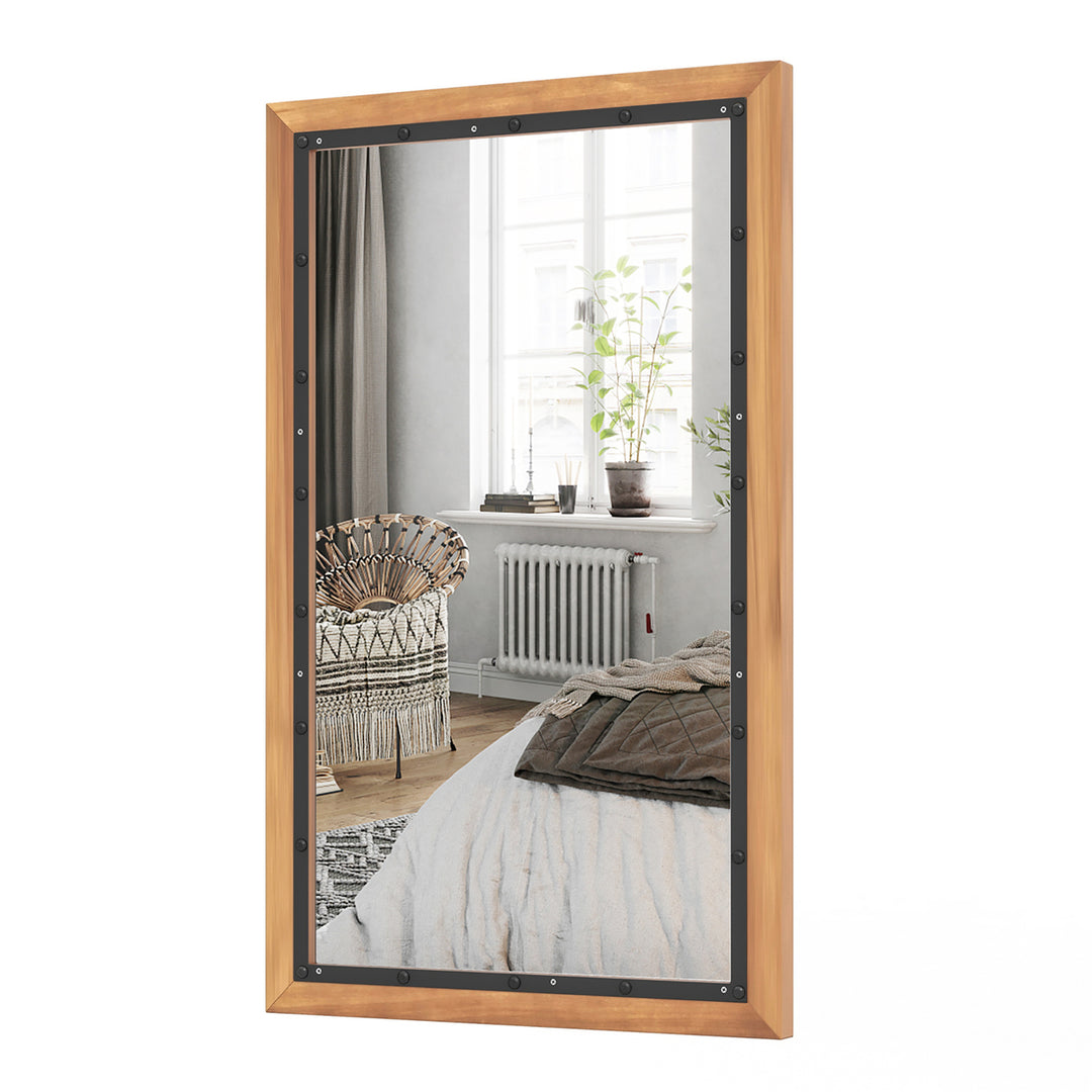 Rustic Wood Mirror Rectangular Frame Decor Wall Mounted Mirror w/ Back Board Image 1