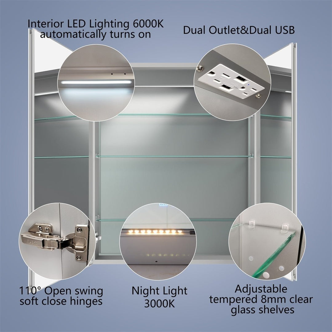 Boost-M2 30" W x 36" H Bathroom Light Medicine Cabinets Recessed or Surface Defogger, Dimmer, ClockOutlets and USB Image 6