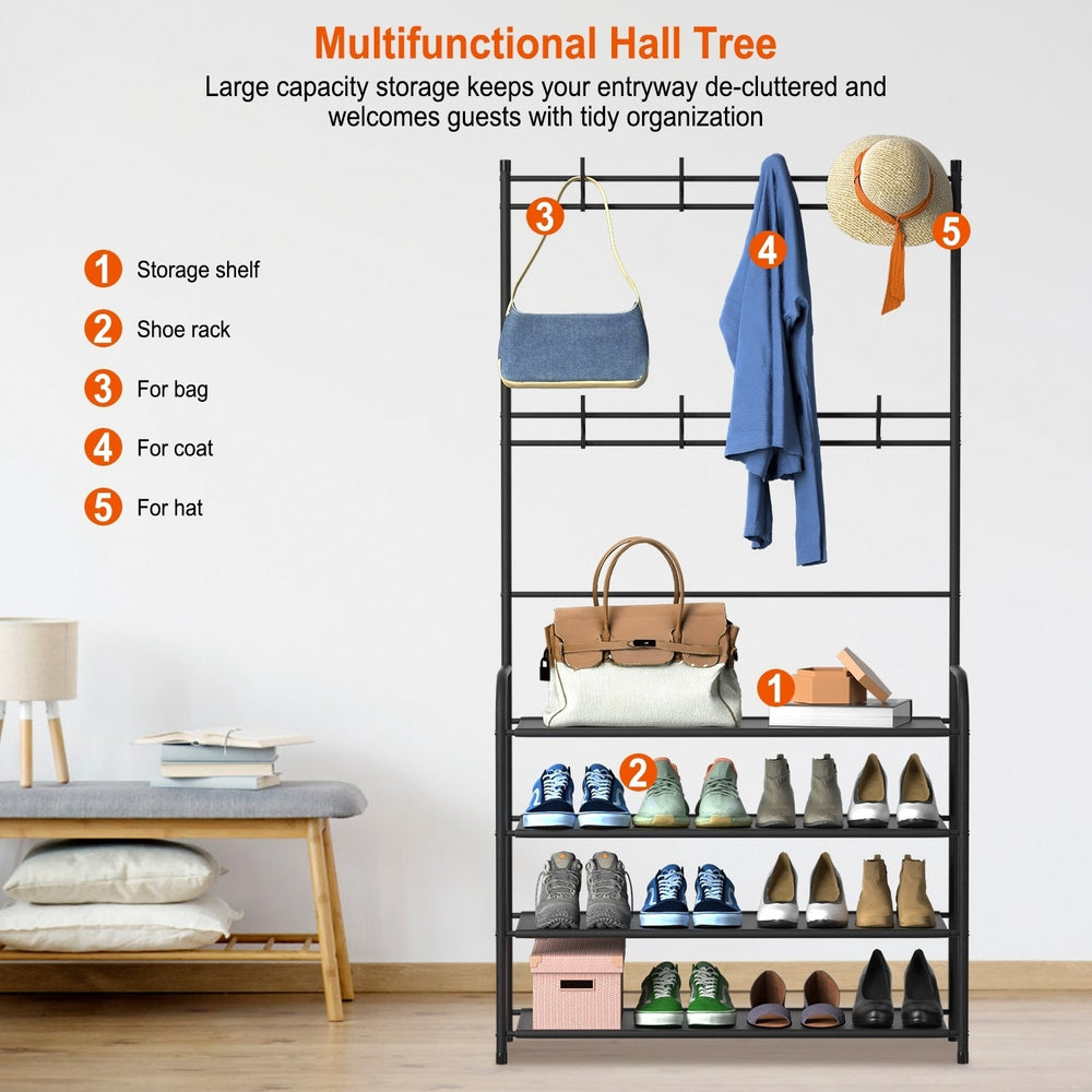 Black 5 Tier Shoe Rack Coat Hat Organizer Freestanding Hall Tree Storage Shelves Image 2