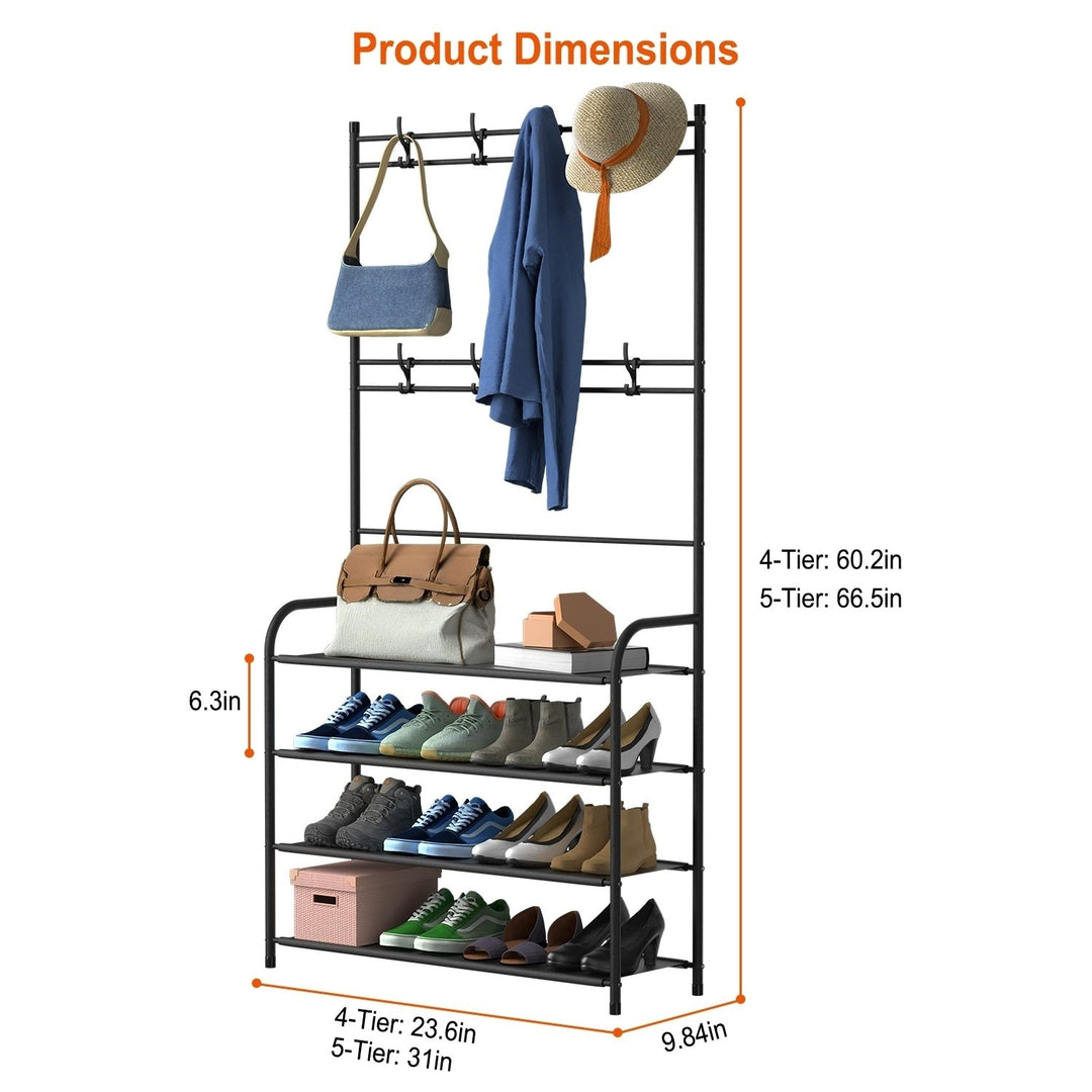 Black 5 Tier Shoe Rack Coat Hat Organizer Freestanding Hall Tree Storage Shelves Image 5